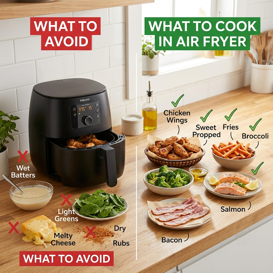Various foods on a kitchen counter next to an air fryer showing what to cook and what to avoid - what cannot be cooked in an air fryer