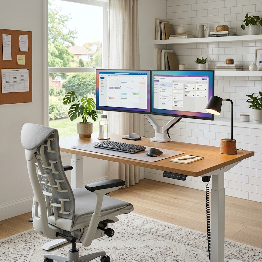 Bright, organized home office with a standing desk, ergonomic chair, dual monitors, LED desk lamp, and a small plant — the ideal 2026 work from home office setup