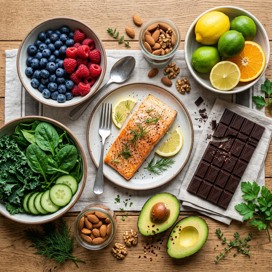 Colorful flat lay of mood-boosting foods including salmon, berries, dark chocolate, and leafy greens on a wooden surface