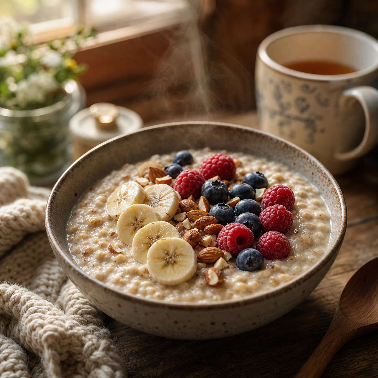 Warm bowl of oatmeal with banana, almonds, and berries on a cozy kitchen counter — what to eat when exhausted