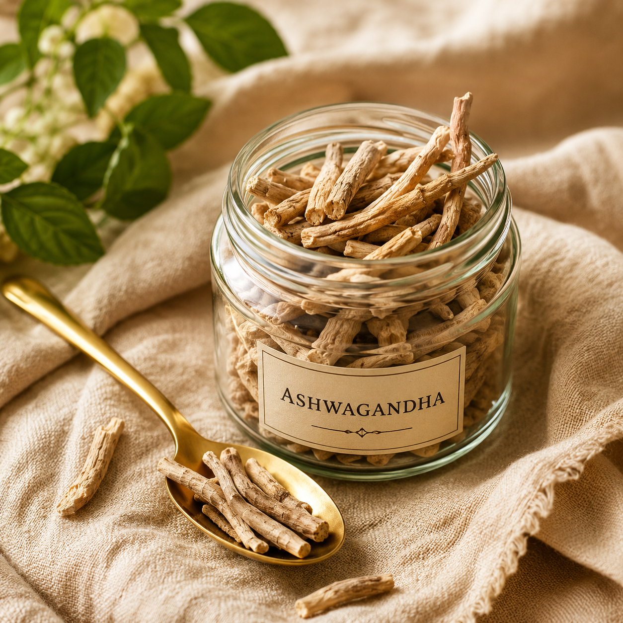Glass jar of dried ashwagandha root on warm linen with a gold spoon -- honest research-based guide to ashwagandha benefits from LifestyleMine.