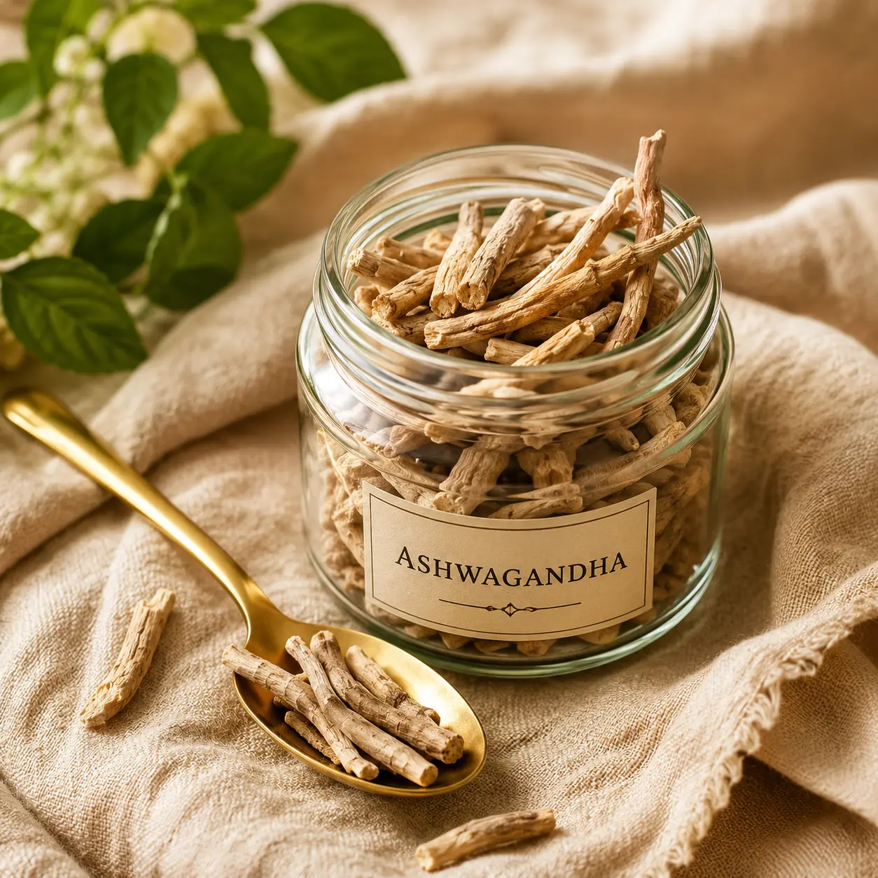 Glass jar of dried ashwagandha root on warm linen with a gold spoon, honest research-based guide to ashwagandha benefits from LifestyleMine.