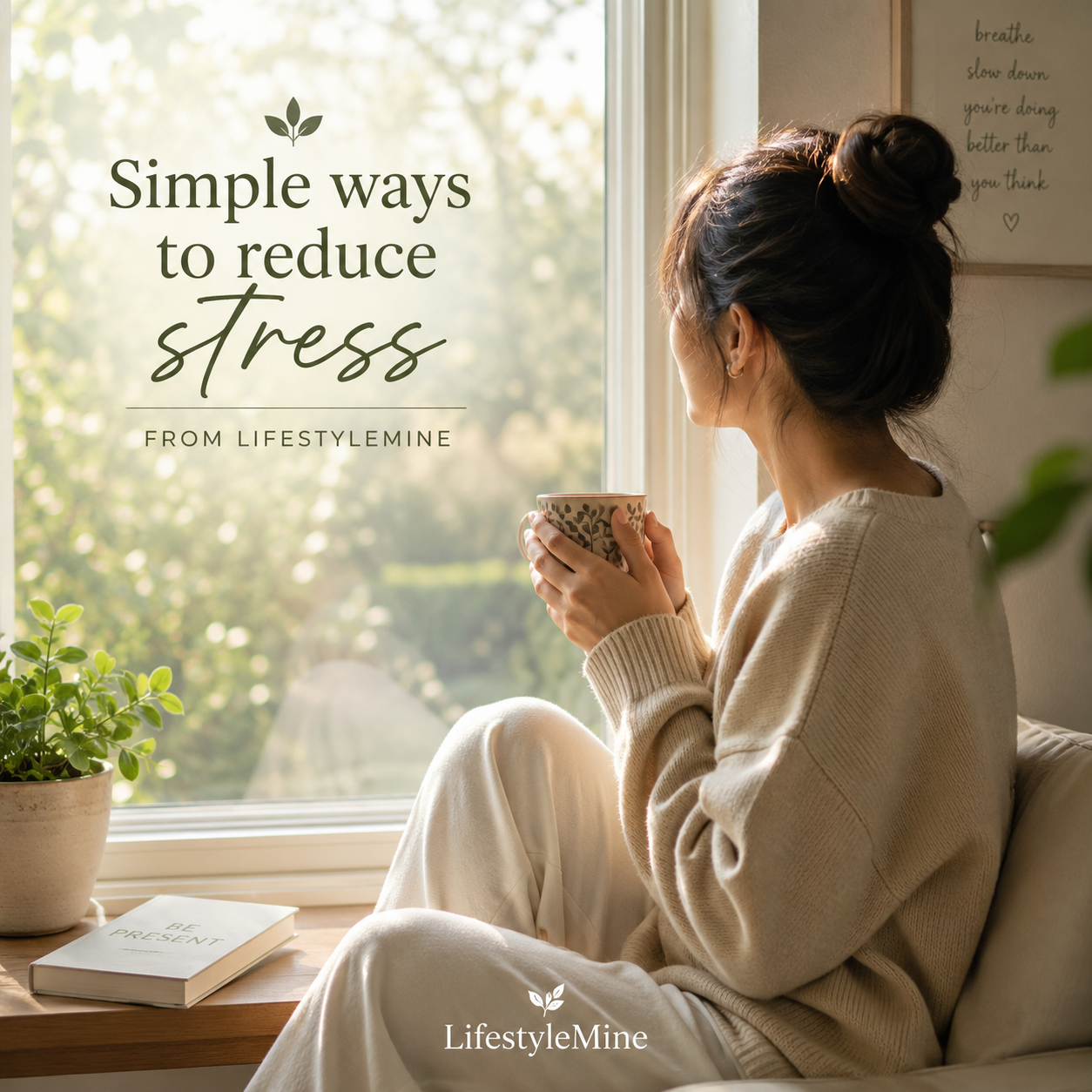 Person sitting quietly at a window with a cup of tea in soft morning light -- simple ways to reduce stress from LifestyleMine