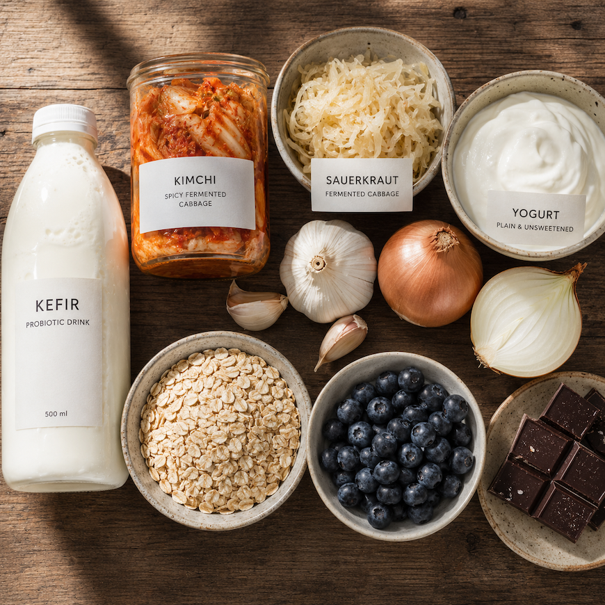 gut health foods flat lay — kefir bottle kimchi jar sauerkraut yogurt garlic onions oats blueberries and dark chocolate on wooden board - foods for gut health