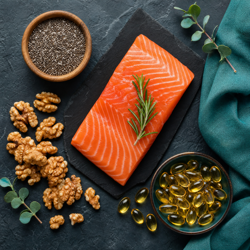 omega-3 rich foods flatlay including salmon fillet walnuts chia seeds and fish oil capsules on dark slate with teal accents - omega-3 benefits