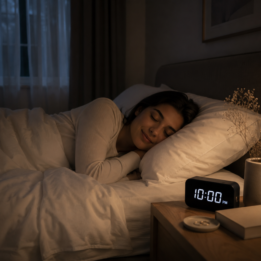 person lying in dark peaceful bedroom with white bedding soft light through curtains and digital clock showing 10pm - how to fall asleep faster
