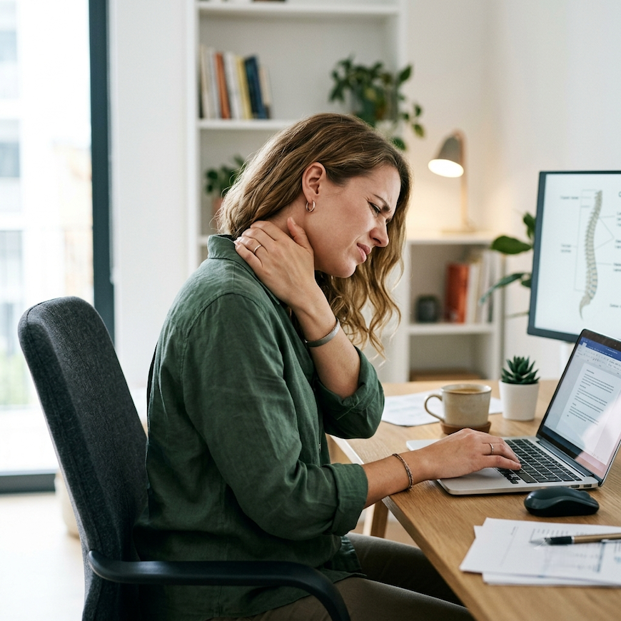 person sitting at desk holding neck in pain with forward head posture shown in side profile - neck pain