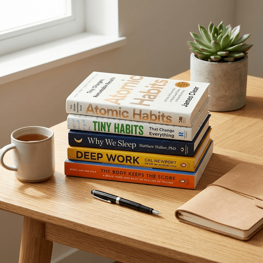 stack of the best books on habits and wellness on a wooden desk