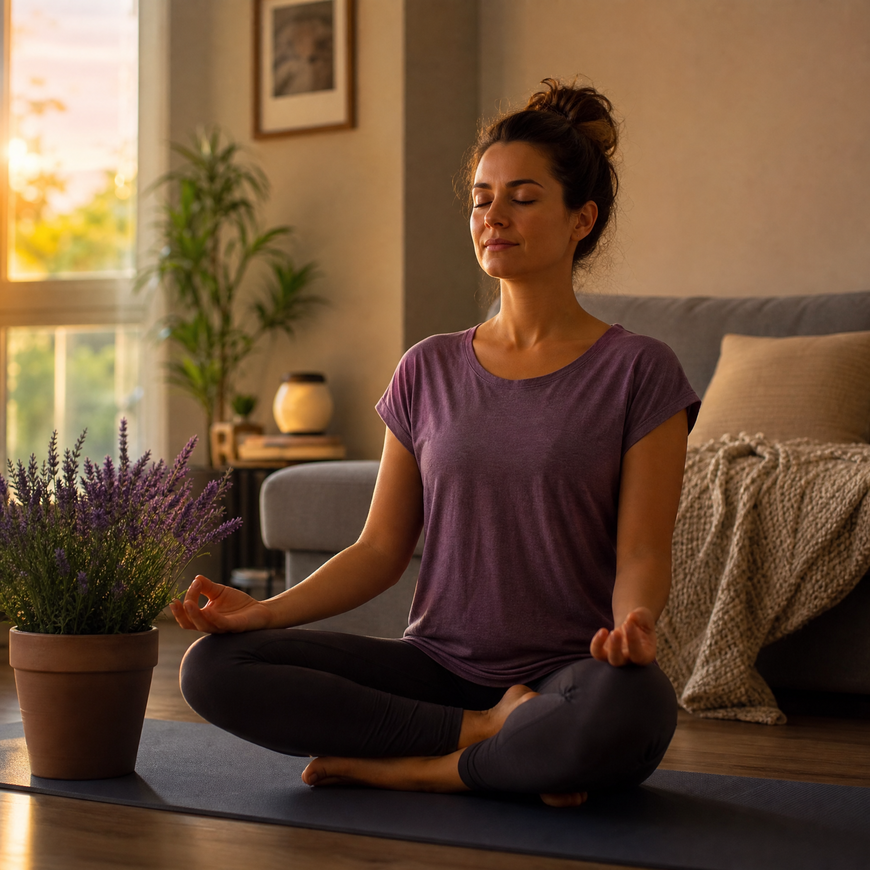 woman doing breathing exercises on yoga mat at home for a relax after work with soft evening light and lavender plant nearby