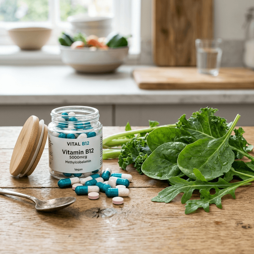 close-up of B12 supplement tablets and capsules on a wooden surface next to leafy greens - B12 deficiency