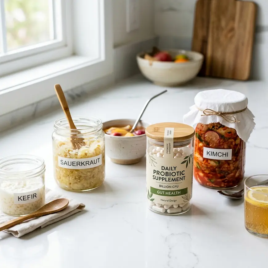 glass jar of best probiotic for women supplements next to fermented foods on a clean white surface