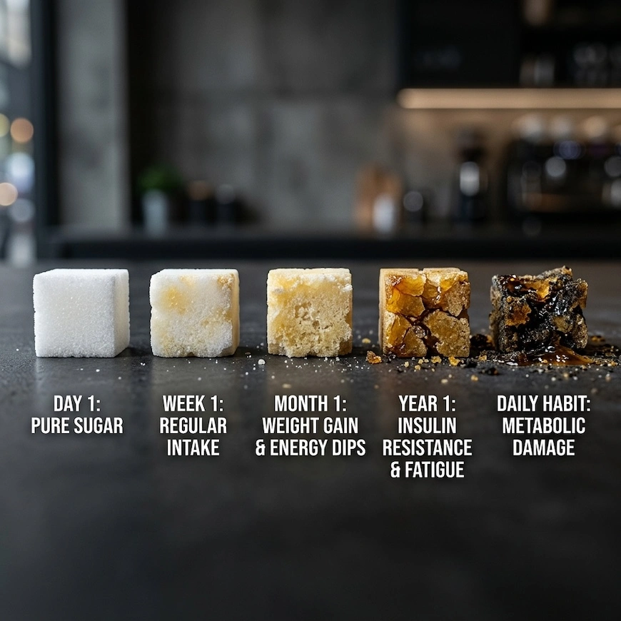 illustration of sugar cubes next to human body showing effects when you eat too much sugar every day
