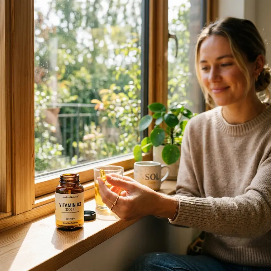 person holding a vitamin D3 supplement capsule next to a sunlit window - vitamin d deficiency
