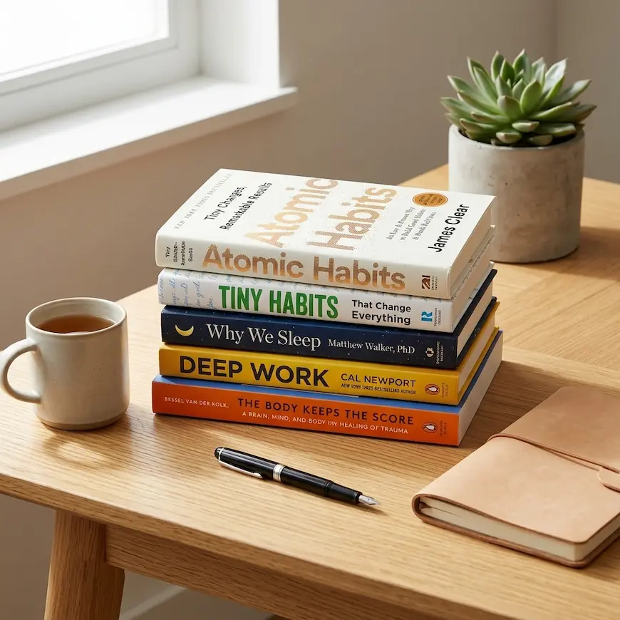 stack of the best books on habits and wellness on a wooden desk