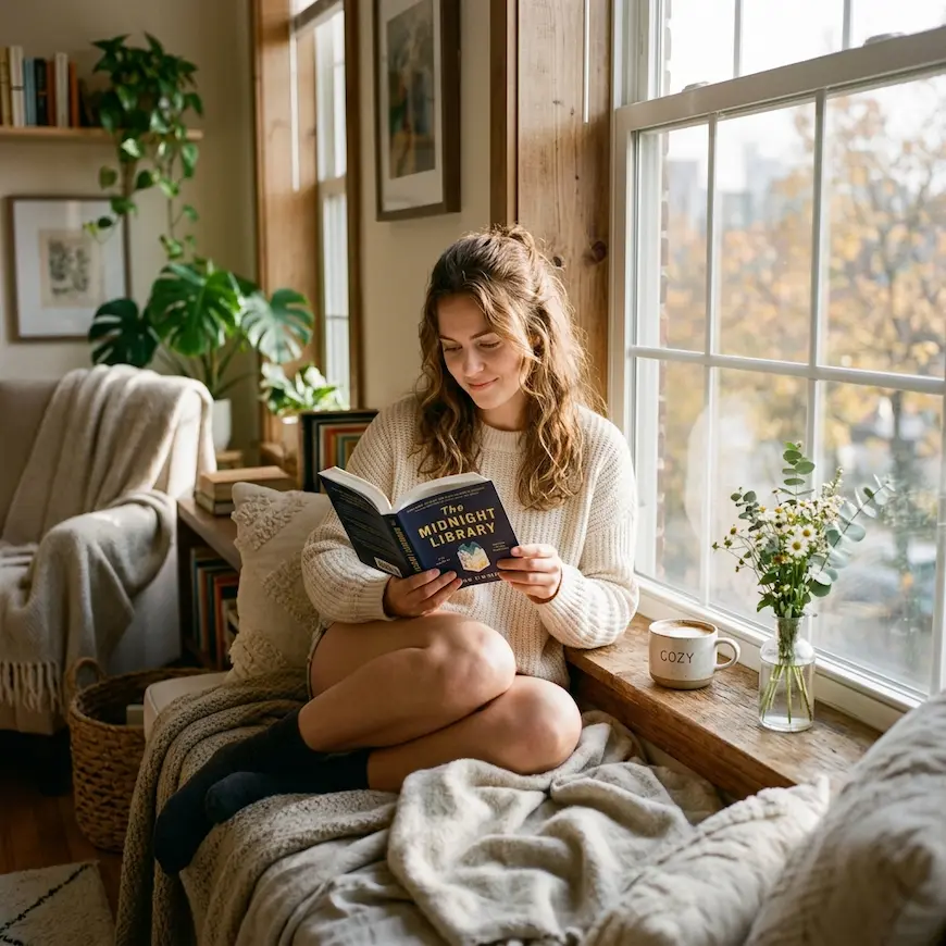 woman reading book with coffee in cozy morning light by window showing how to romanticize your life