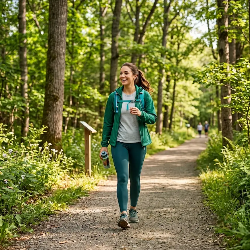 woman walking on nature trail illustrating the benefits of walking for health
