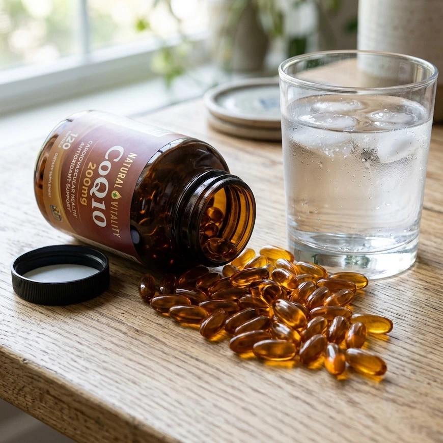 CoQ10 softgel supplement capsules spilling out of a bottle next to a glass of water - CoQ10 benefits