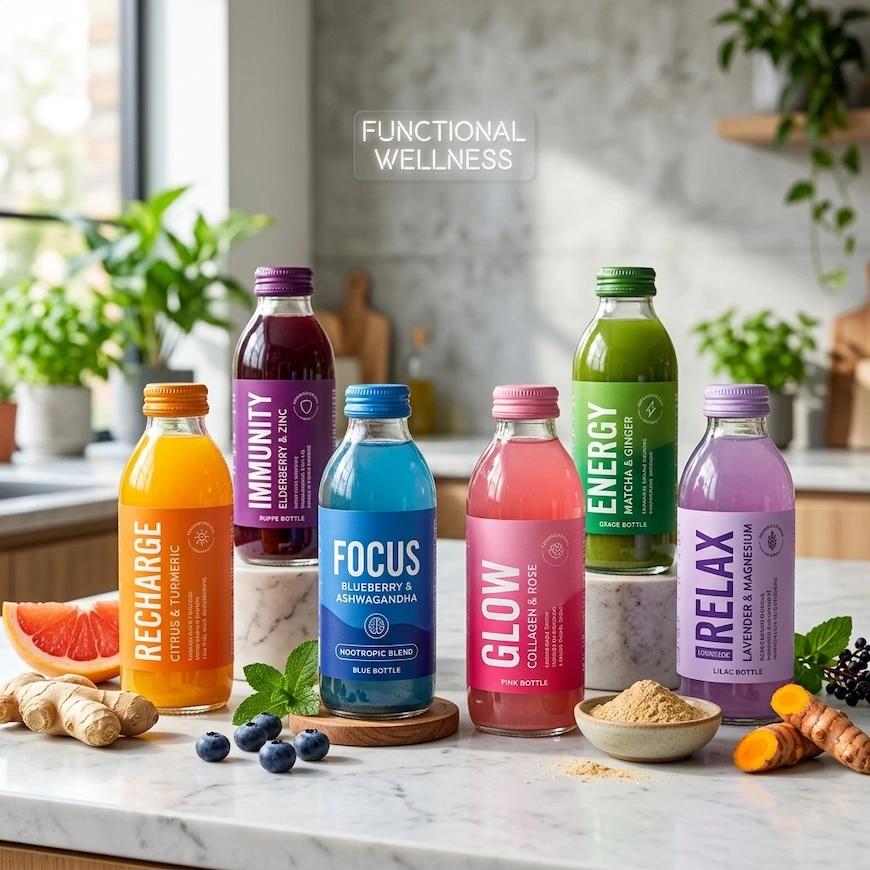 A modern arrangement of best functional drinks in colorful glass bottles on a marble kitchen counter, featuring flavors like citrus, blueberry, and ginger alongside fresh ingredients.