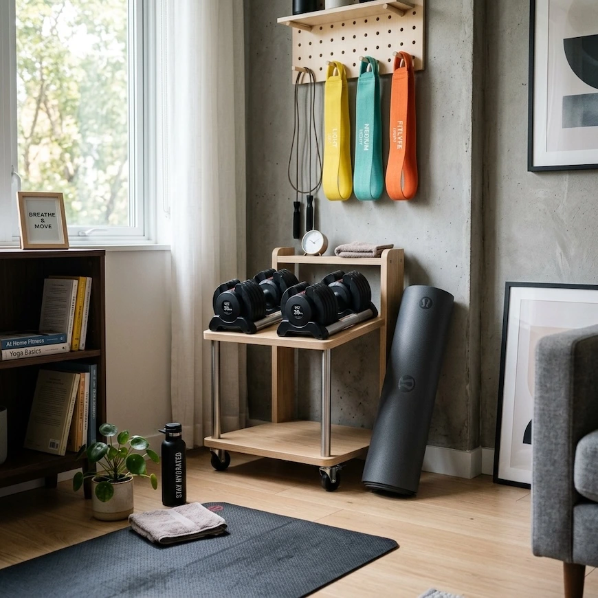 compact home gym setup with adjustable dumbbells, a yoga mat, and resistance bands in a small apartment corner