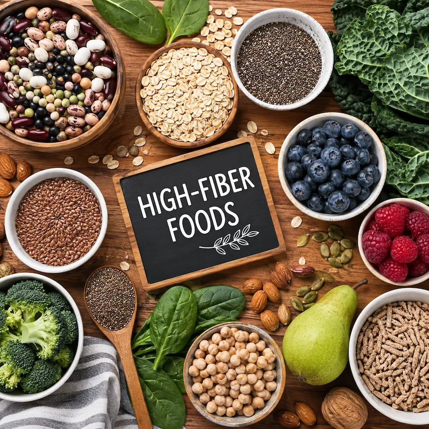 high-fiber foods flat lay including beans, oats, chia seeds, berries, and leafy greens on a wooden board - fibermaxxing