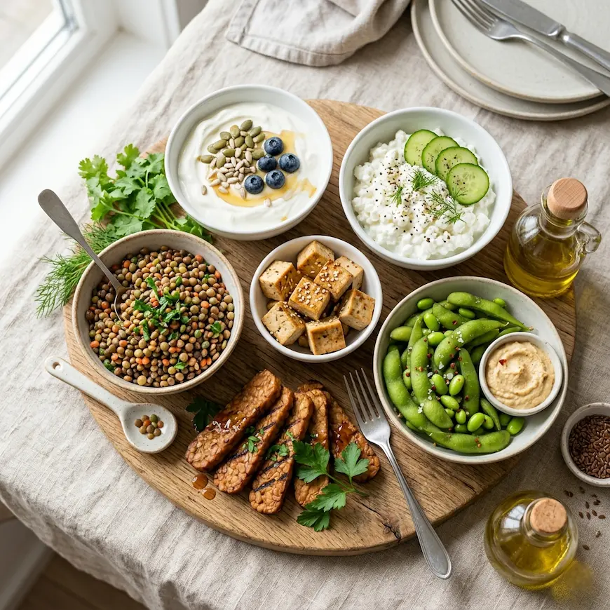 high protein vegetarian foods flat lay including tofu, tempeh, lentils, edamame, Greek yogurt, and cottage cheese on a wooden board