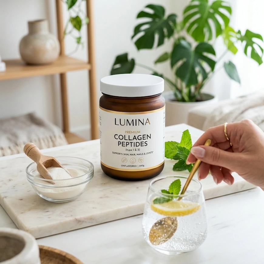 Modern flat lay image of Lumina premium collagen peptides amber jar on a marble tray, accompanied by a glass of sparkling water with lemon and mint, a small bowl of collagen powder with a wooden scoop, and a bright, minimalist aesthetic interior background - collagen benefits