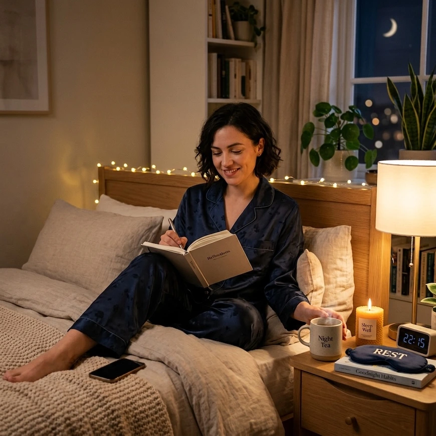A woman in dark blue satin pajamas sitting comfortably in bed, journaling in a notebook with a mug of tea, warm lamp light, and a nightstand setup - night routine