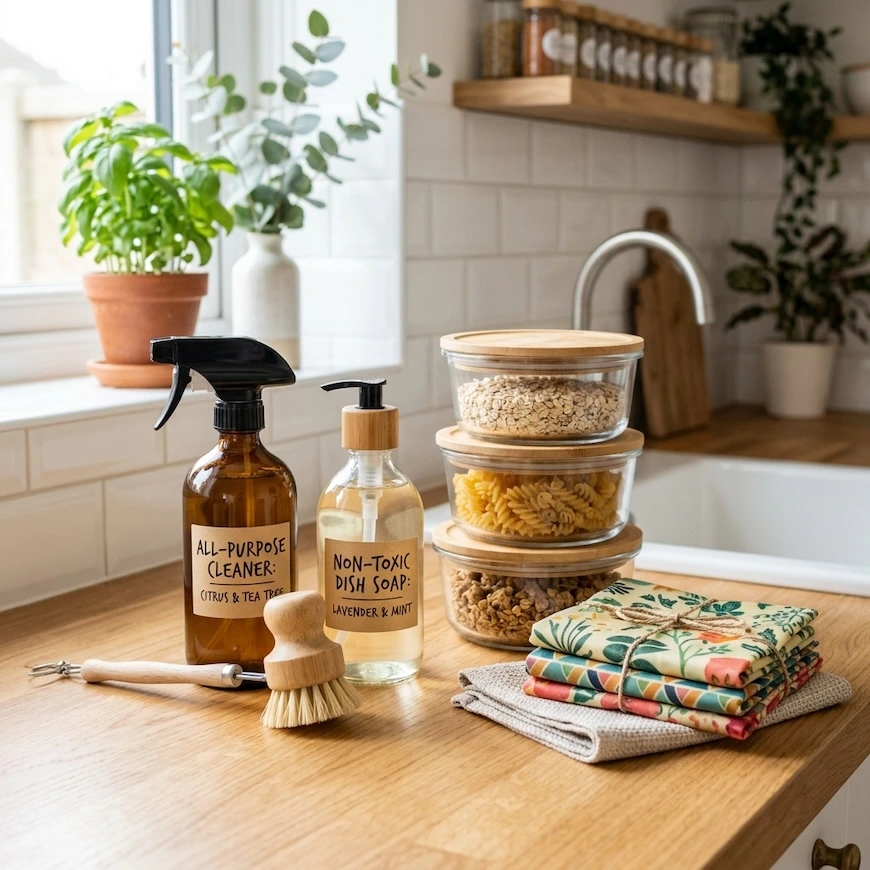 natural cleaning products, glass storage containers, and beeswax wraps arranged on a kitchen counter representing a non toxic home swap