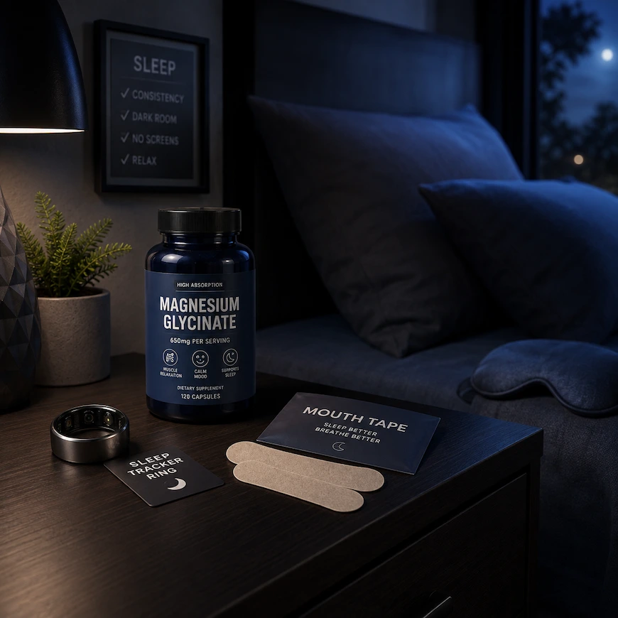 nightstand with a sleep tracker ring, mouth tape, and magnesium supplement next to a dark, cool bedroom setup - sleepmaxxing