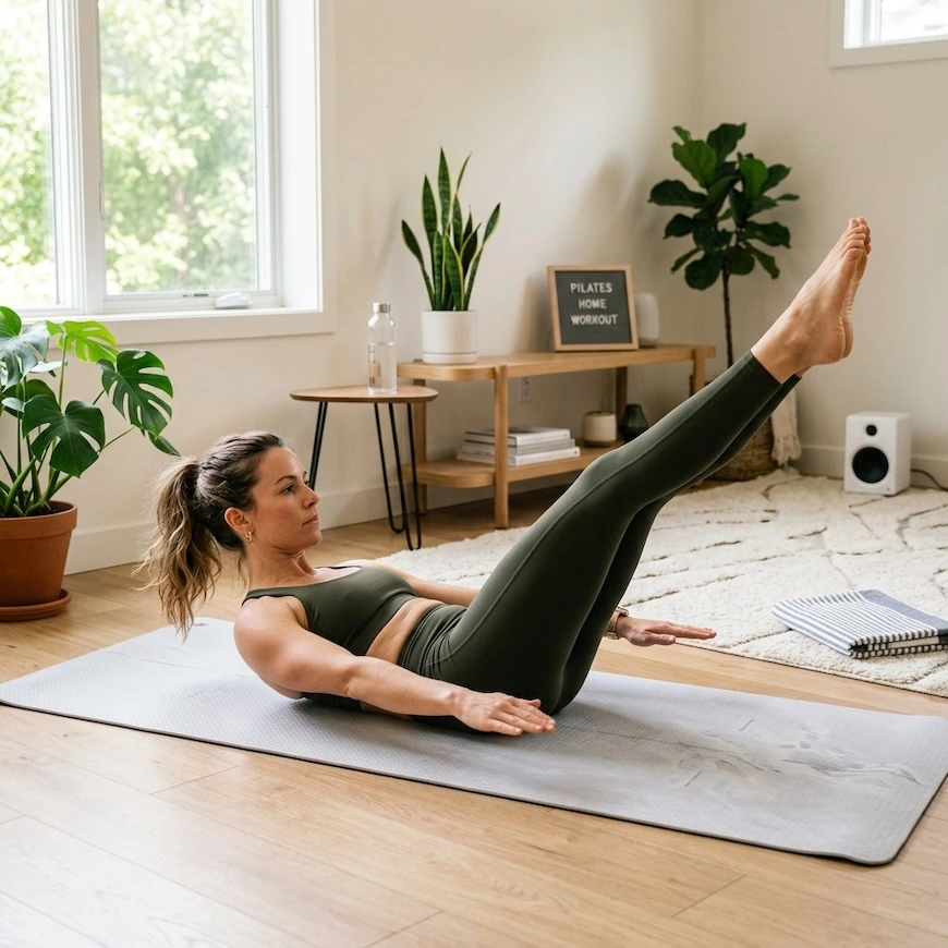 A woman practicing a Pilates workout on a yoga mat in a modern, brightly lit home living room.