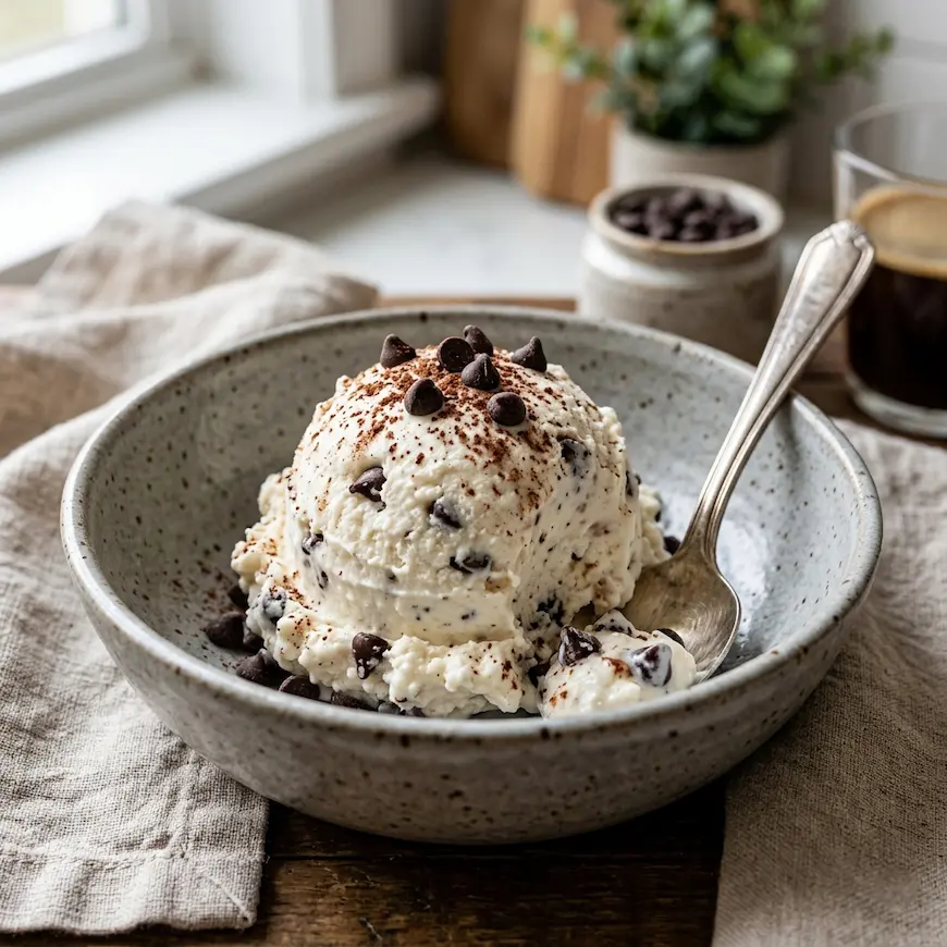 scoop of creamy cottage cheese ice cream in a bowl with chocolate chips and a spoon