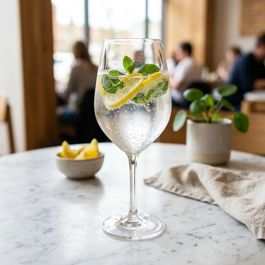 sparkling water in wine glass with lemon and mint on marble table alcohol free lifestyle - sober curious