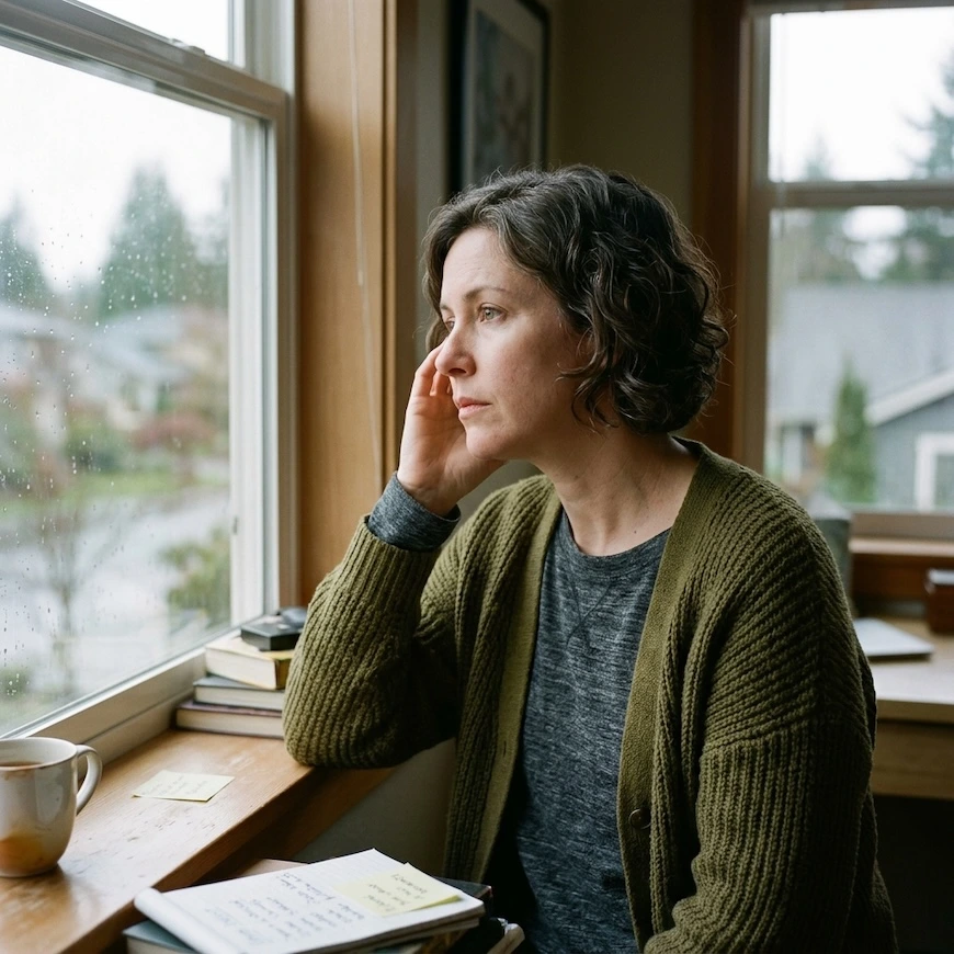 woman in her 40s looking thoughtfully out a window, illustrating the memory and focus difficulty associated with perimenopause brain fog