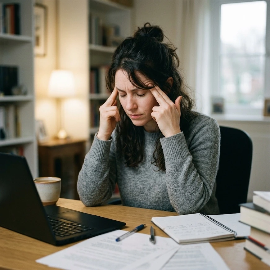 woman rubbing her temples at a desk, illustrating the mental fatigue and difficulty concentrating associated with brain fog