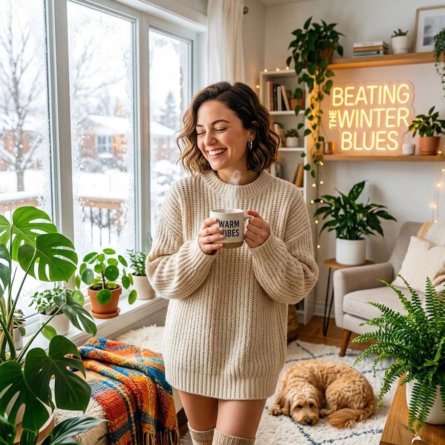 A smiling woman in a cozy cream knit sweater holding a warm mug inside a bright, plant-filled room with snow visible outside the window and a glowing neon sign reading "Beating the Winter Blues."