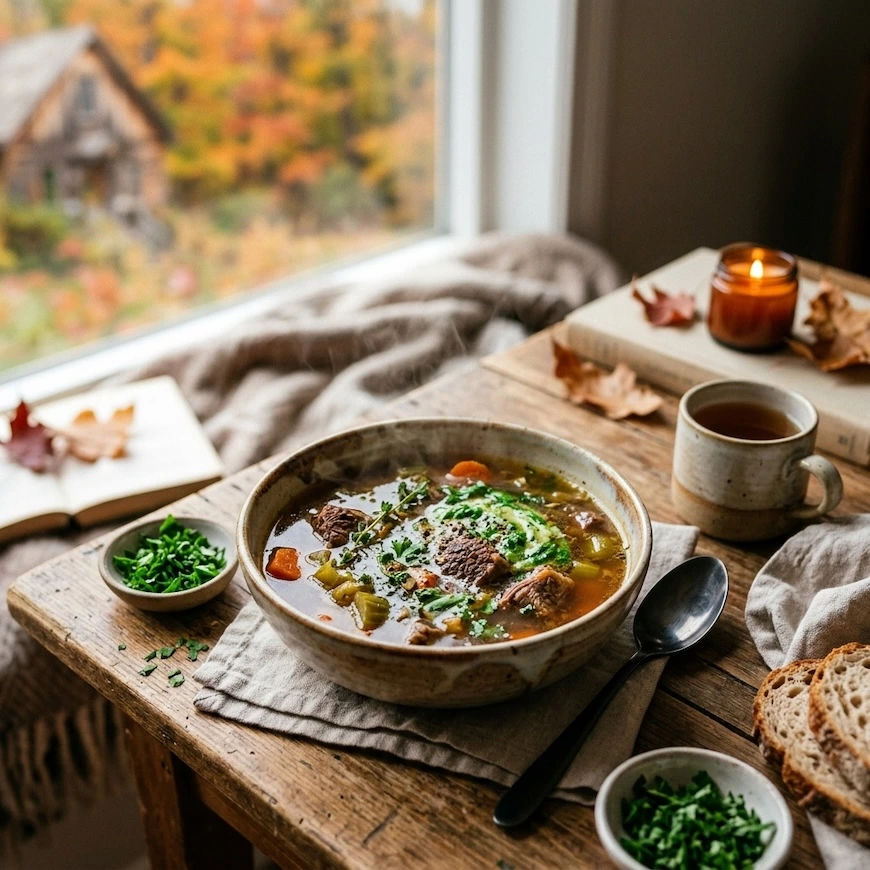 Steaming bowl of hearty beef bone broth soup with fresh herbs and vegetables on a rustic wooden table by a window overlooking vibrant fall foliage.