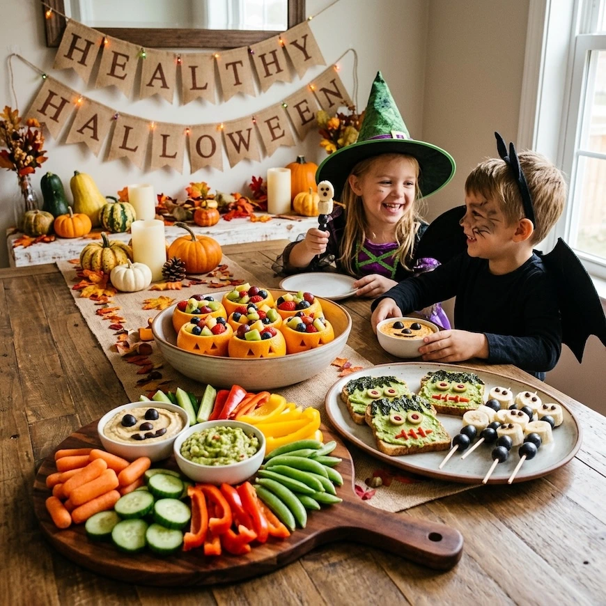 Two children in healthy Halloween costumes sit at a wooden dining table filled with festive, healthy snacks, including avocado monster toast, fruit-carved orange cups, a colorful veggie platter with dip, and banana ghosts.