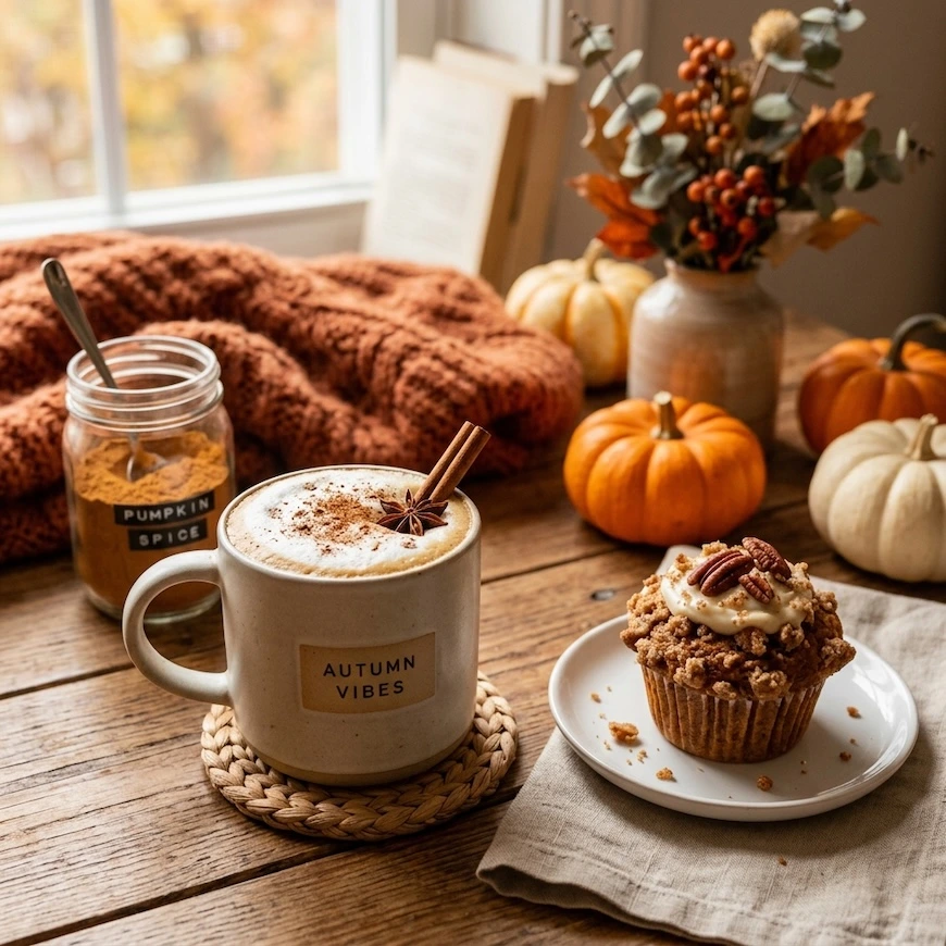 A cozy autumn setup featuring a white ceramic mug of pumpkin spice latte topped with cinnamon and a star anise, alongside a pumpkin pecan muffin on a wooden table surrounded by mini pumpkins and a warm knit blanket.