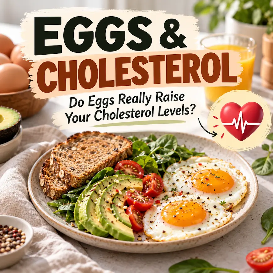 Healthy breakfast with boiled eggs, avocado, whole-grain toast, and vegetables illustrating eggs and cholesterol.