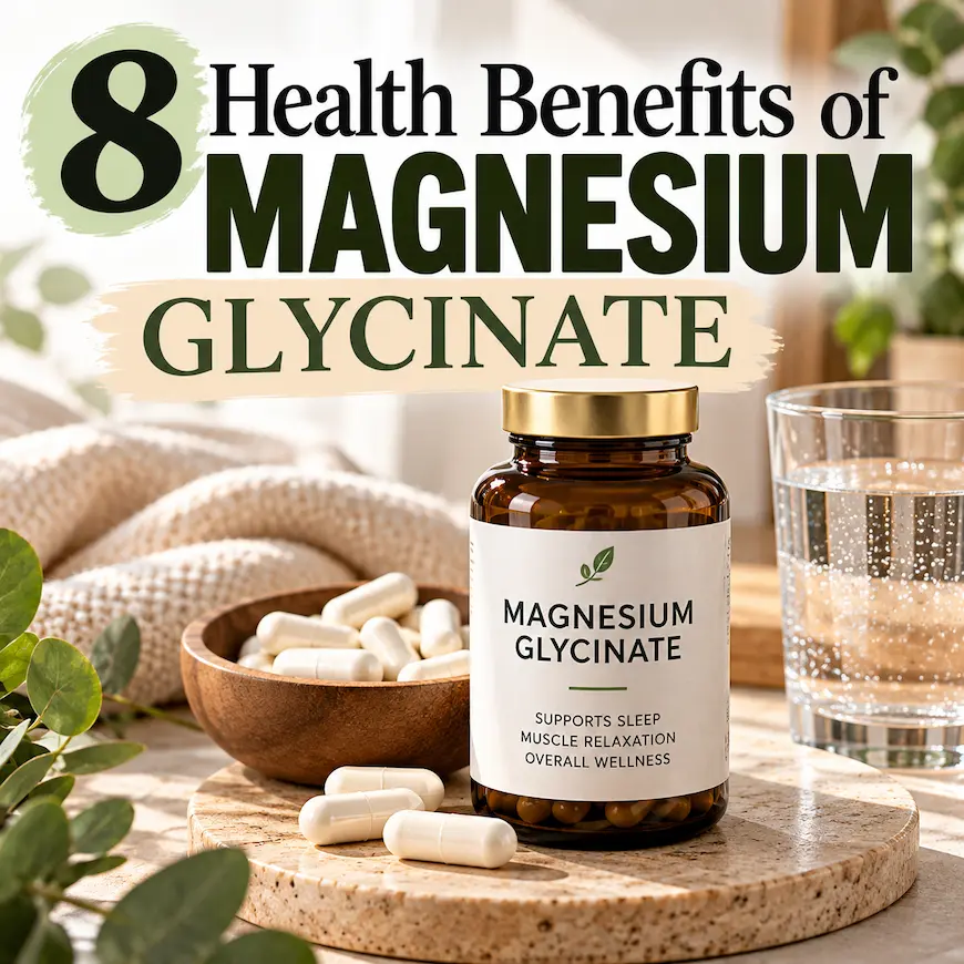Magnesium glycinate capsules and supplement bottle illustrating eight potential health benefits.